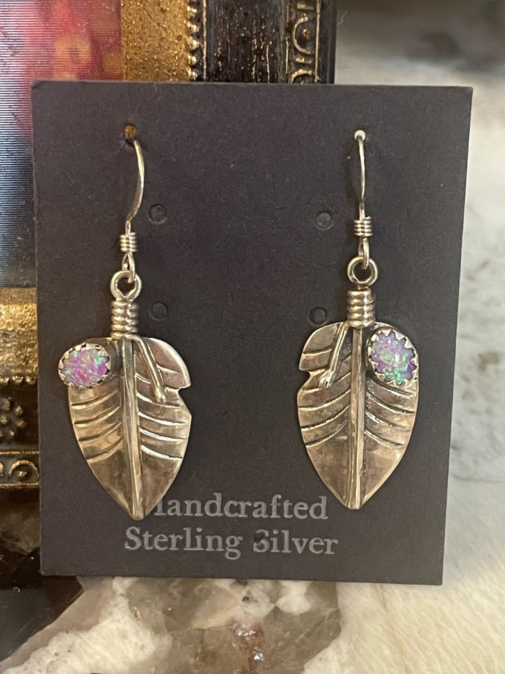 Sterling Feather Drop Earrings w/Opal Accents - Handcrafted by JT (James Kee?)